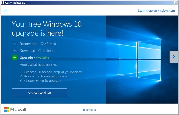 Free Windows 10 Upgrade Is Here - Dialog