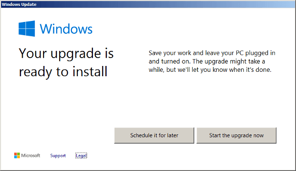 Windows 10 upgrade dialog - Your Upgrade Is Ready To Install