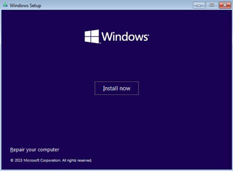 Windows 10 clean install screen - install now