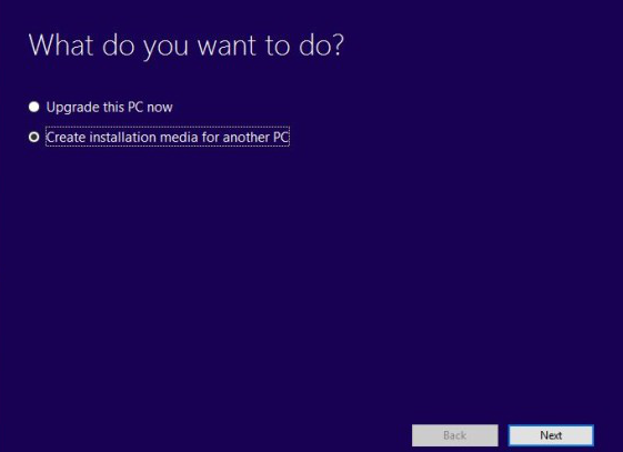 Windows 10 clean install screen, create installation media