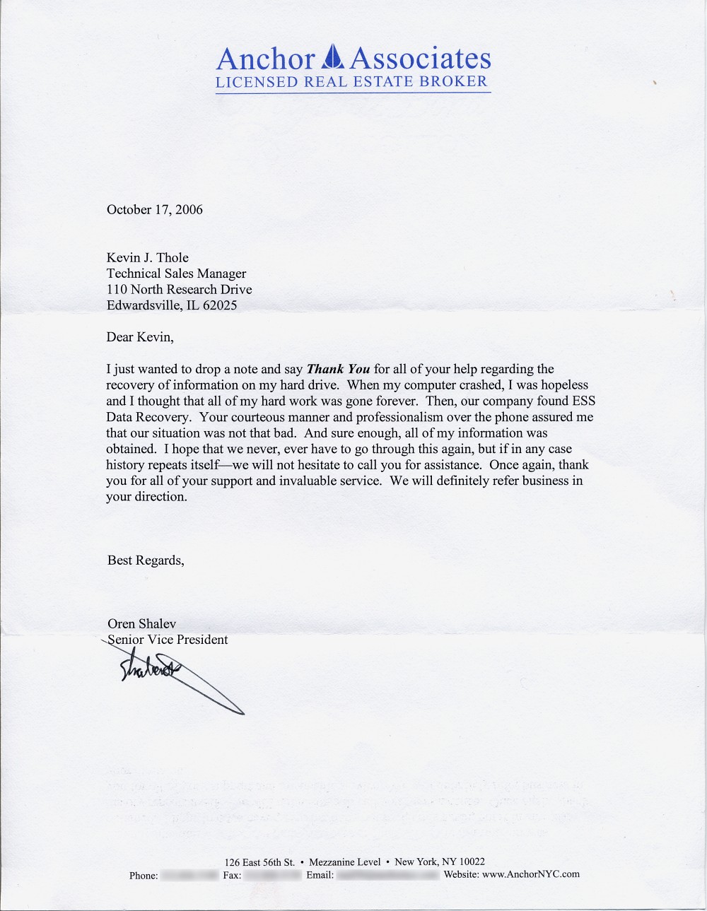 Anchor Associates testimonial letter