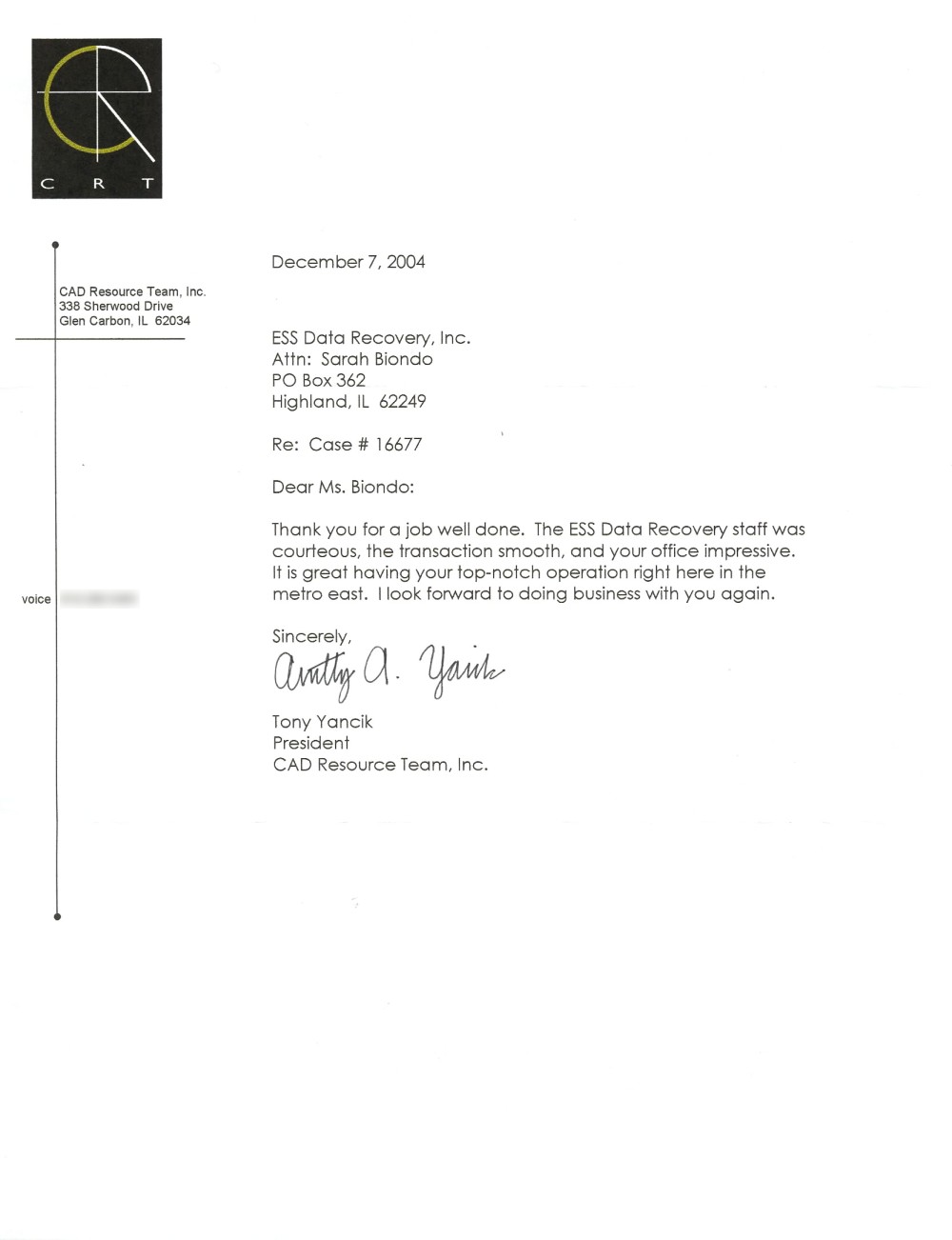 CAD Resource Team, Inc. testimonial letter