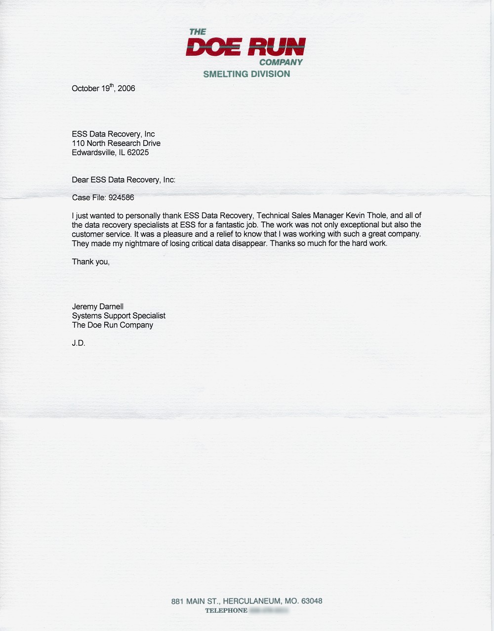 The Doe Run Company testimonial letter