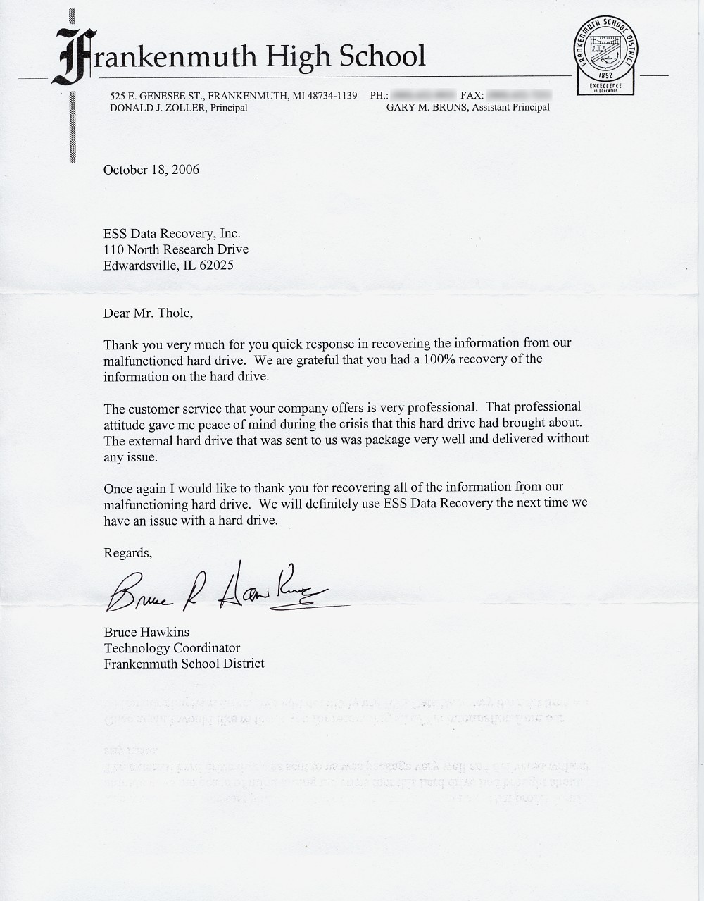 Frankenmuth High School testimonial letter