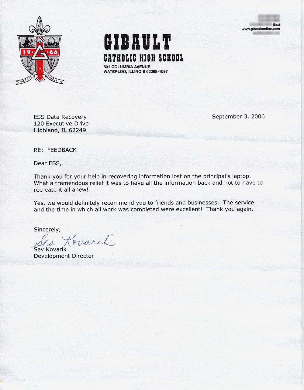 Gibault Catholic High School testimonial letter