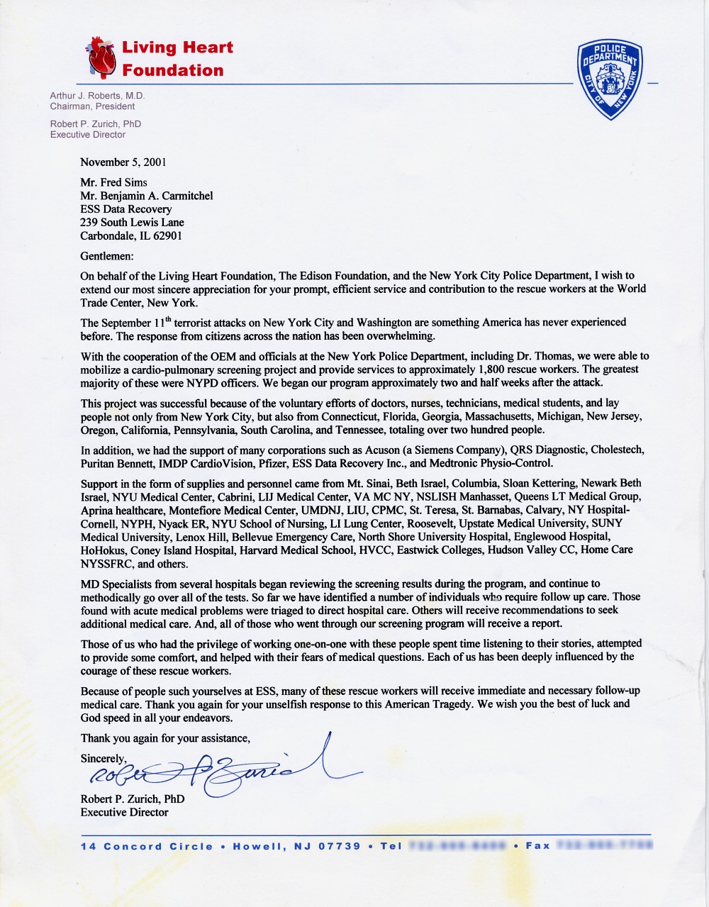 NYPD & Living Heart Foundation testimonial letter