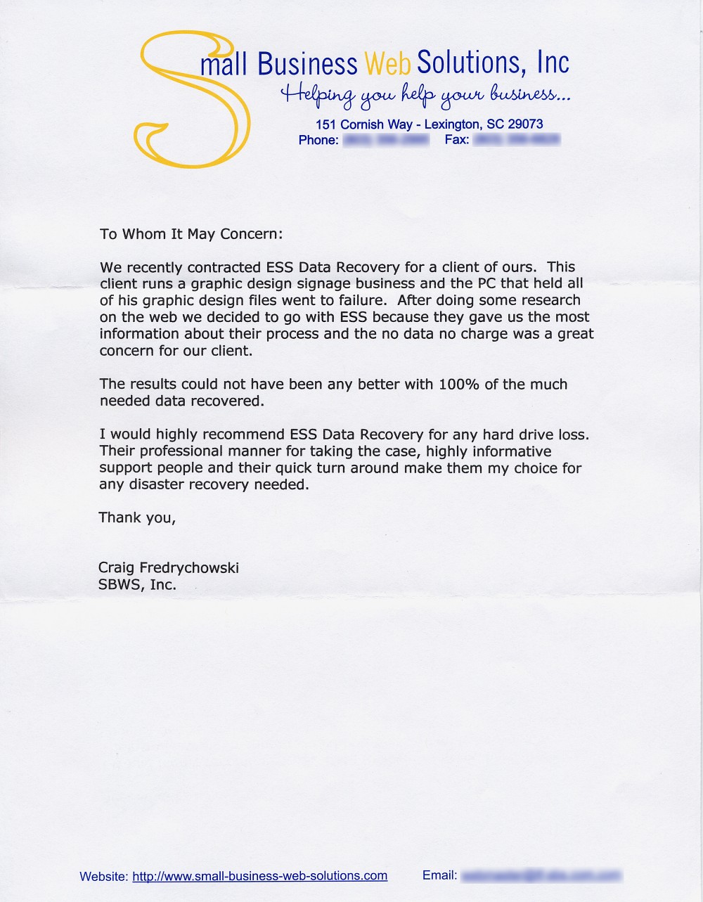 Small Business Web Solutions, Inc. testimonial letter