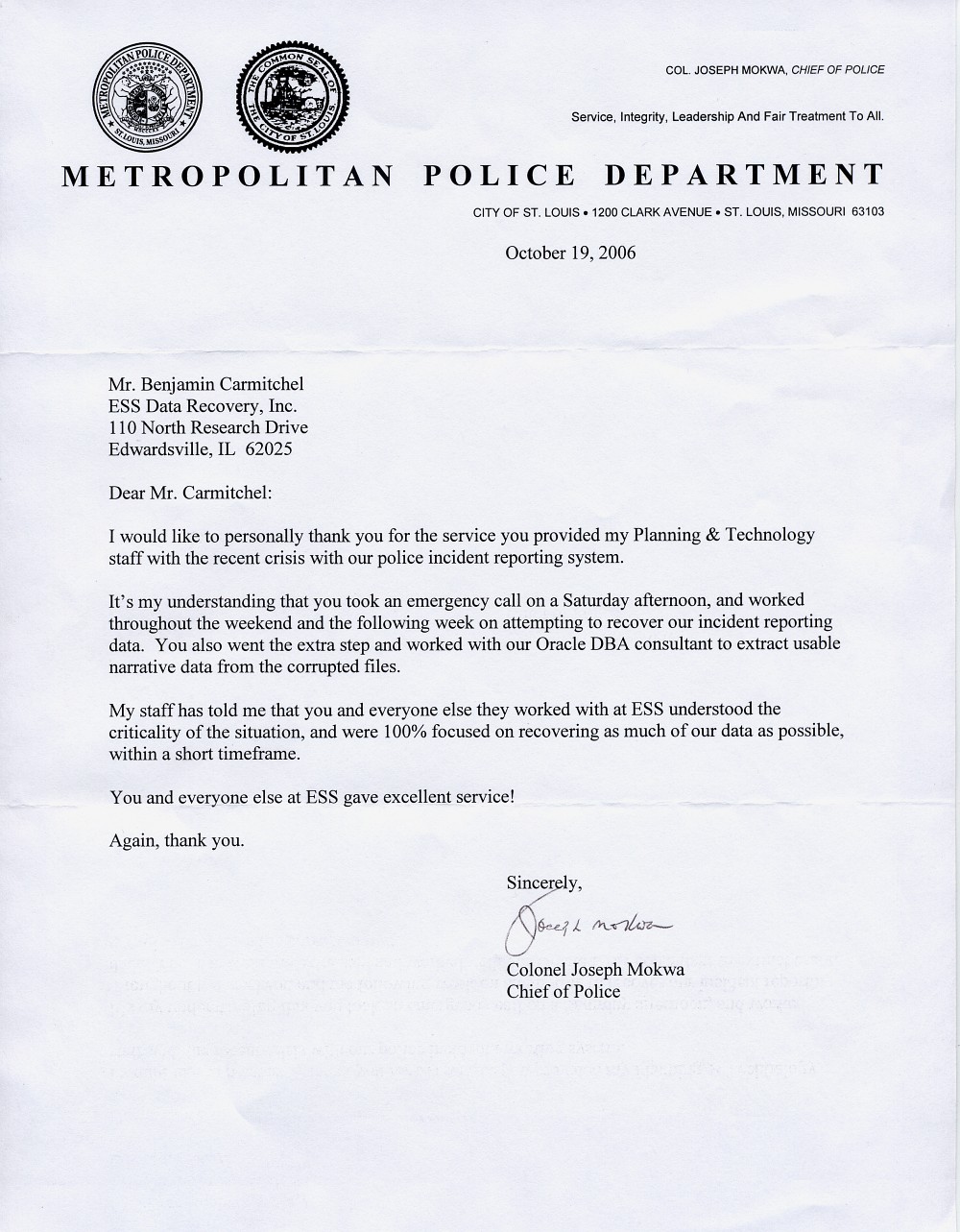 St. Louis Metropolitan Police Department testimonial letter
