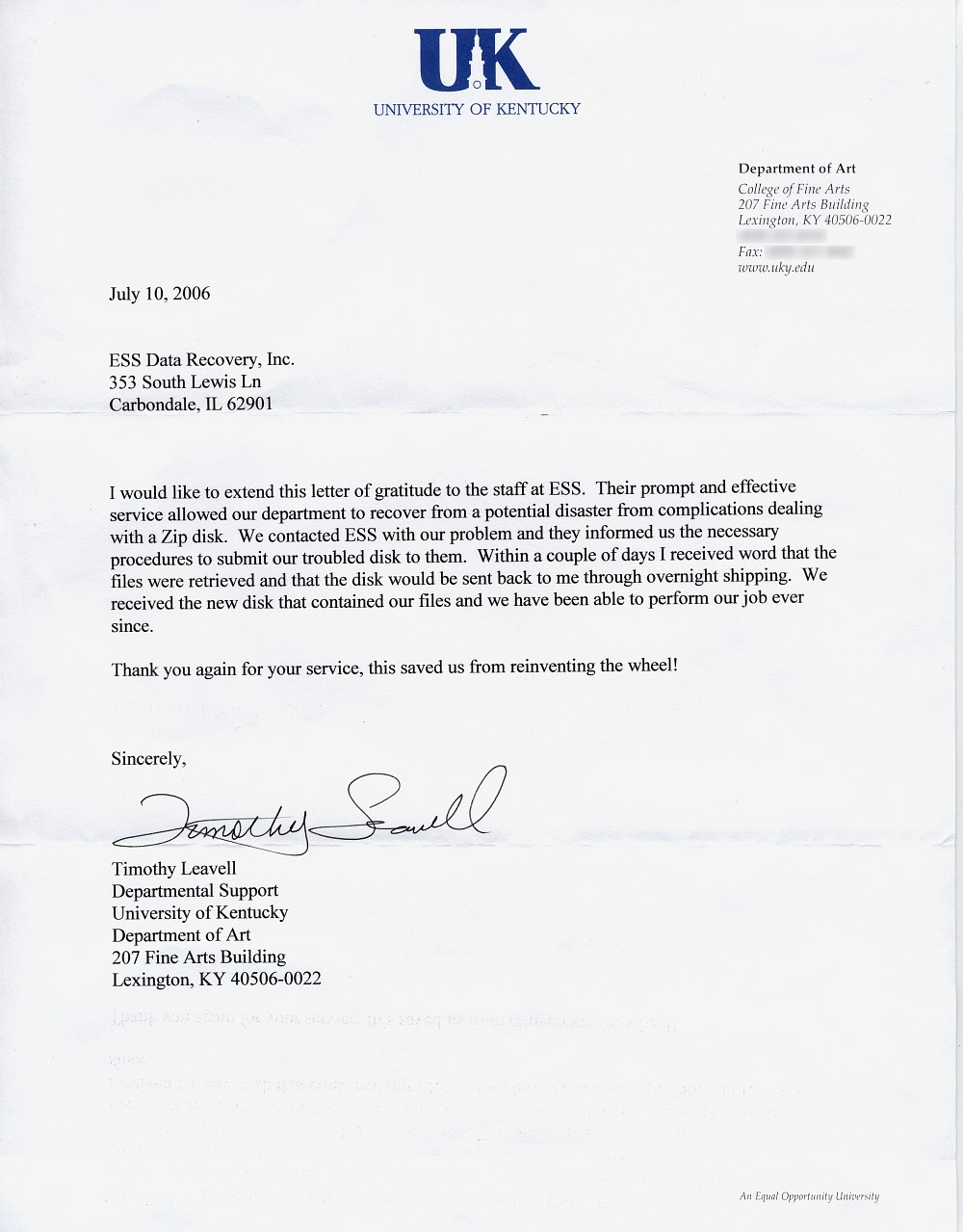 University of Kentucky testimonial letter