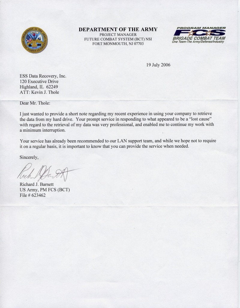 Letter from a U.S. Army Future Combat Systems ticket