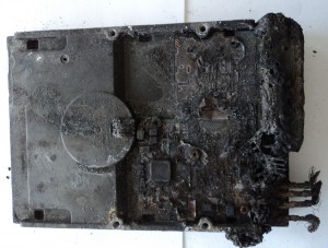 Fire-damaged hard drive.