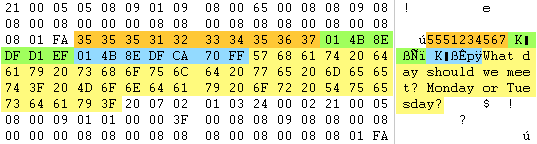 Recovered text message in raw hex data