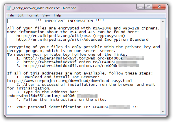 Locky ransomware message screenshot