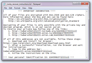 Locky ransomware message screenshot