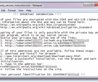 Locky ransomware message screenshot
