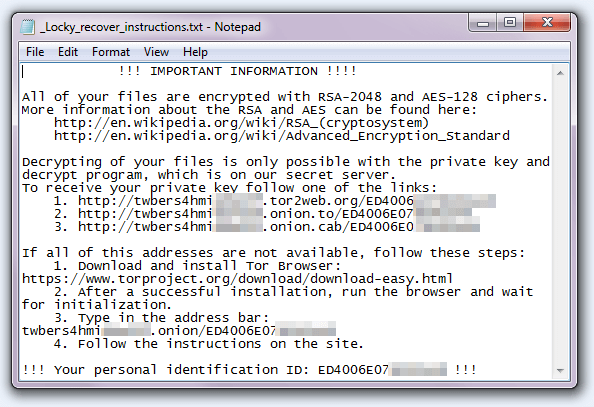 Locky ransomware message screenshot