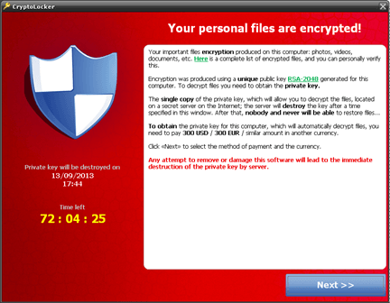 CryptoLocker ransomware encrypted files message