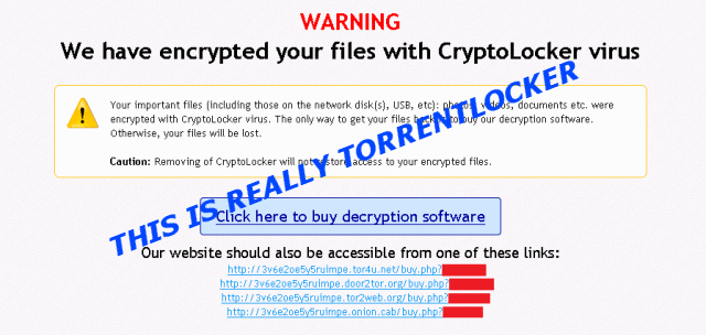 TorrentLocker ransomware encrypted files message