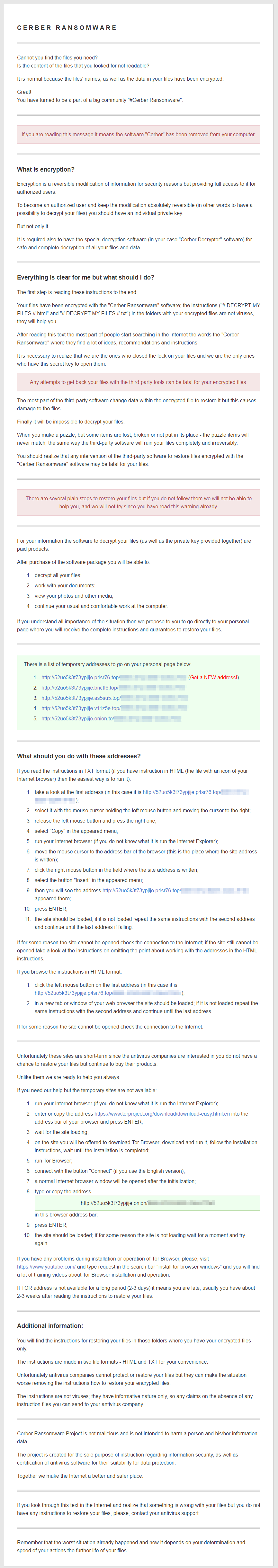 Full Cerber ransom note screenshot (HTML)