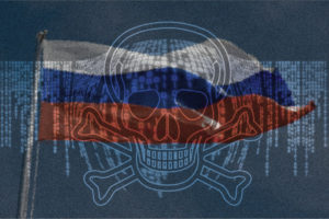 Russia flag with ransomware skull superimposed