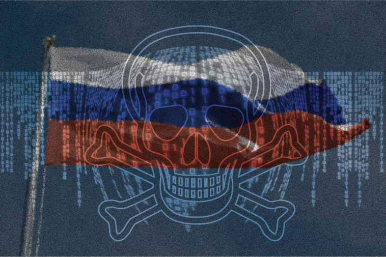 Russia flag, ransomware skull