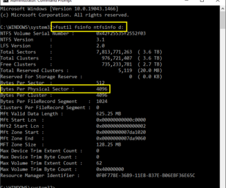 Screenshot of Windows command to check hard drive sector format, fsutil, showing Advanced Format 4Kb sector size