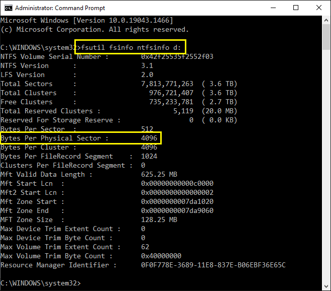 Screenshot of Windows command to check hard drive sector format, fsutil, showing Advanced Format 4Kb sector size