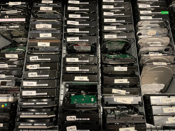 Drawer full of hard drives on end, 3.5 inch