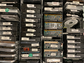 Drawer full of hard drives on end, 3.5 inch