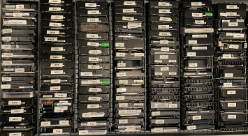 drawer full of Quantum and Seagate hard drives on end