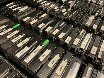 Drawer full of hard drives on end, 3.5 inch
