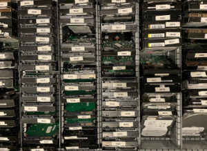 A drawer full of Hitachi, Maxtor, and Seagate 3.5 inch hard drives