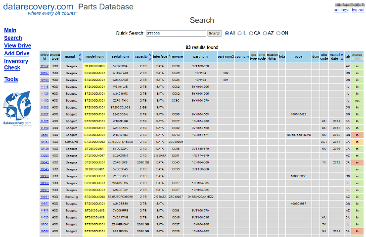 Parts Database Search Results Screenshot