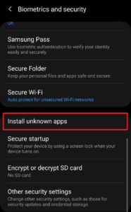Biometrics and security menu screenshot from Android OS