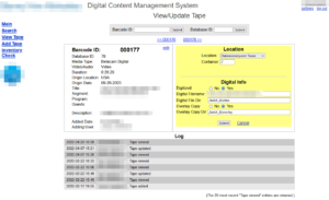 screenshot of Datarecovery.com's digital content management system showing details of an individual tape