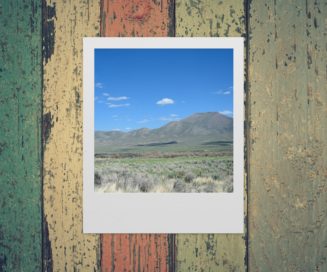 Polaroid photograph of a blue sky on wood boards