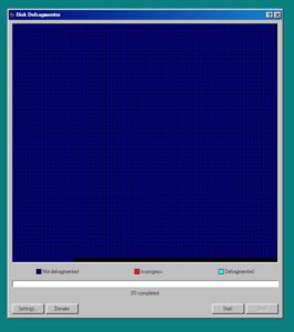 Screen capture of Disk Defragmenter 98 web page showing a blue grid of fragmented sectors on a hard drive