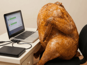 A cooked turkey using a computer to back up its data.