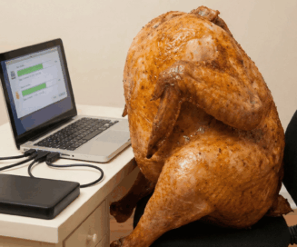 A cooked turkey using a computer to back up its data.